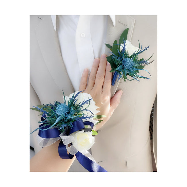 Elegant Faux Cream Rose and Blue Thistle Wrist Corsage & Boutonniere Set - Customizable Ribbon and Rose Colors