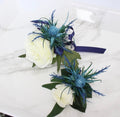 Elegant Faux Cream Rose and Blue Thistle Wrist Corsage & Boutonniere Set - Customizable Ribbon and Rose Colors