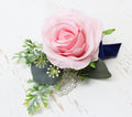 Soft Pink Artificial Rose Corsage and Boutonniere with Custom Ribbon