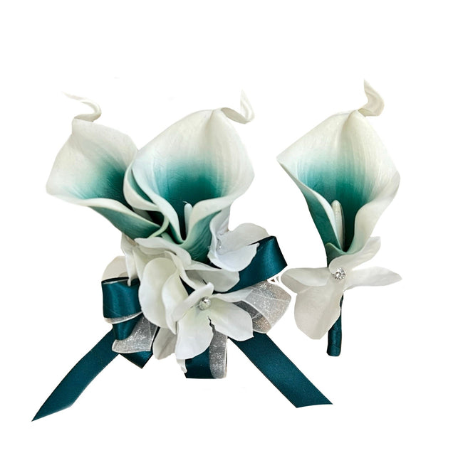 Real Touch Picasso Teal Calla Lily Boutonniere and Corsage Set