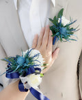 Elegant Faux Cream Rose and Blue Thistle Wrist Corsage & Boutonniere Set - Customizable Ribbon and Rose Colors