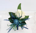 Elegant Faux Cream Rose and Blue Thistle Wrist Corsage & Boutonniere Set - Customizable Ribbon and Rose Colors