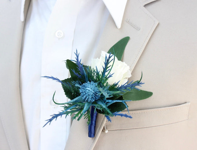 Elegant Faux Cream Rose and Blue Thistle Wrist Corsage & Boutonniere Set - Customizable Ribbon and Rose Colors