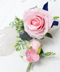 Soft Pink Artificial Rose Corsage and Boutonniere with Custom Ribbon