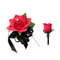 Elegant Hot Pink Silk Rose Wrist Corsage & Boutonniere Set - Customizable Ribbon Colors