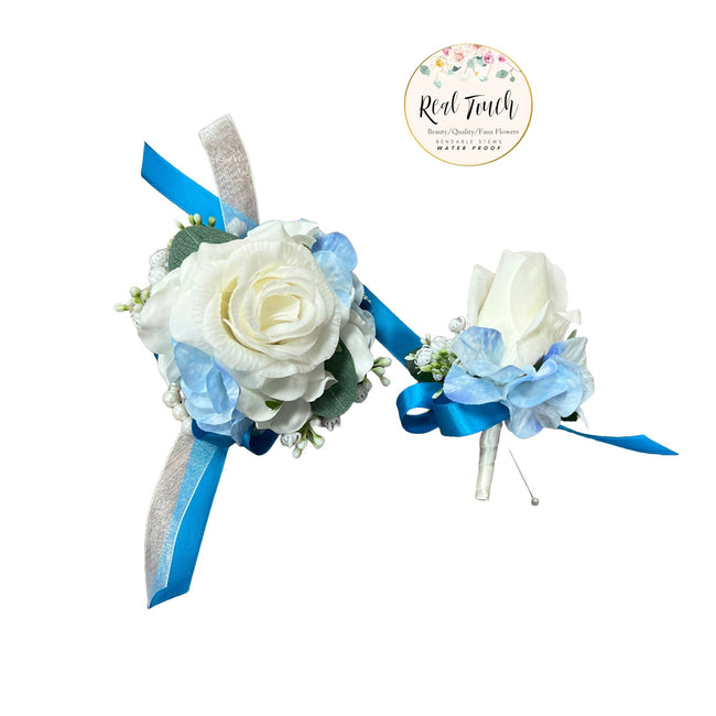Elegant Real Touch Artificial Flower Corsage & Boutonniere - Customize Ribbon Color for Weddings & Events