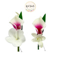 Elegant Tropical Event Boutonniere - Realistic Begonia, Calla Lily, Plumeria & Orchid