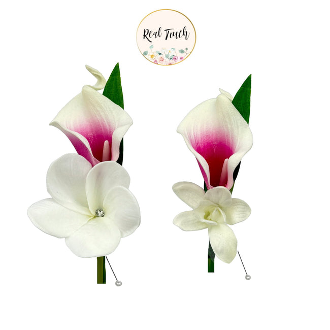 Elegant Tropical Event Boutonniere - Realistic Begonia, Calla Lily, Plumeria & Orchid