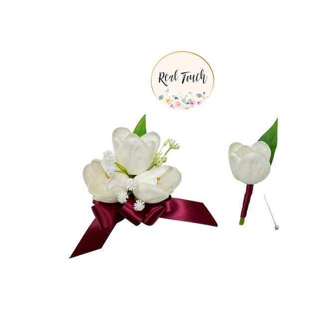 Elegant Tulip Wrist Corsage & Boutonniere Set for Weddings & Events
