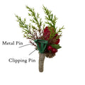 Realistic Christmas Red or Ivory Rose Boutonniere with Pine Cone & Greenery