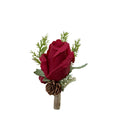 Realistic Christmas Red or Ivory Rose Boutonniere with Pine Cone & Greenery