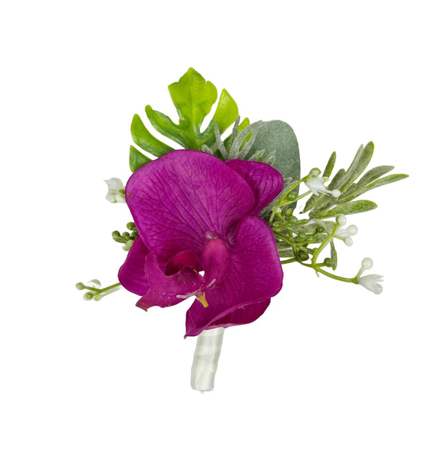 Elegant Orchid Boutonniere with Lush Greenery