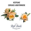 Premium Real Touch Rose Corsage and Boutonniere with Frosty Greenery and Soft Peach Melon