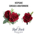 Elegant Real Touch Rose Wrist Corsage and Boutonniere with Frosty Greenery