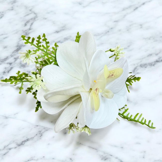 Elegant Orchid & Plumeria Corsage and Boutonniere Set