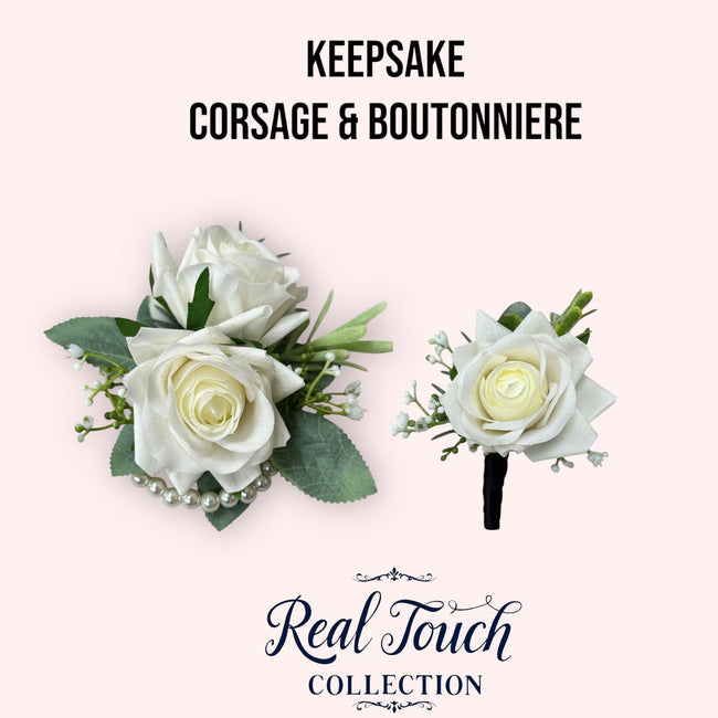 Premium Real Touch Rose Wrist Corsage & Boutonniere with Frosty Greenery