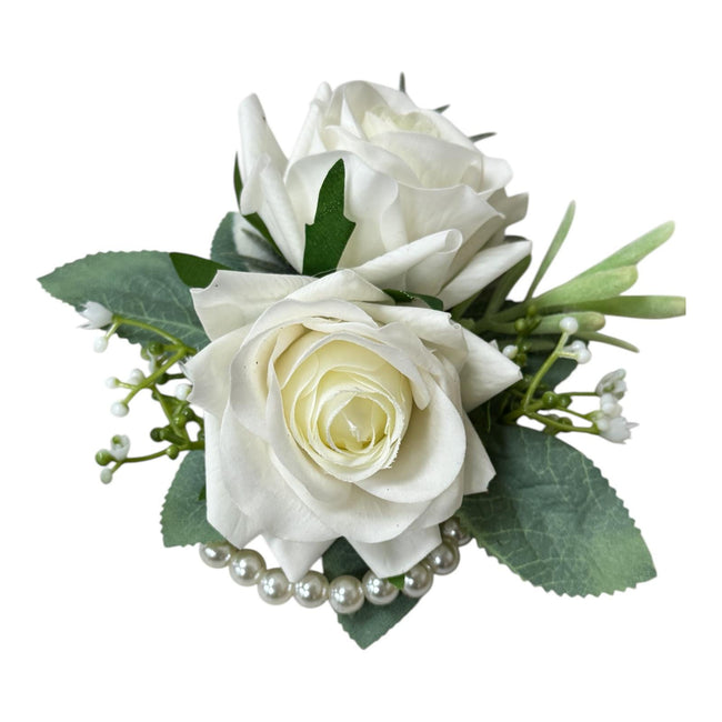 Premium Real Touch Rose Wrist Corsage & Boutonniere with Frosty Greenery