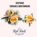 Premium Real Touch Rose Corsage and Boutonniere with Frosty Greenery and Soft Peach Melon