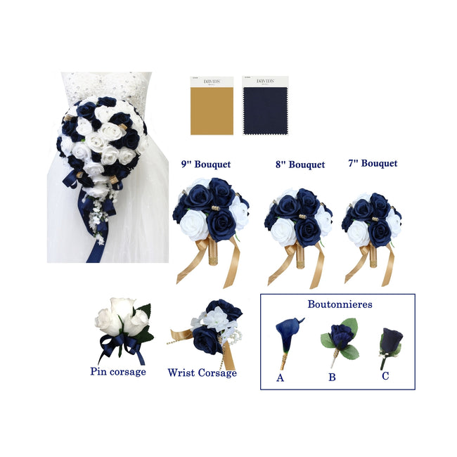 Navy Blue and White Roses with Gold Accents - Pick Your Flowers! - Angel Isabella