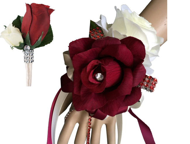 Set: Burgundy and Ivory Wrist Corsage & Boutonniere - Angel Isabella