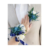 Elegant Faux Cream Rose and Blue Thistle Wrist Corsage &amp; Boutonniere Set - Customizable Ribbon and Rose Colors