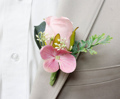 Soft Pink Artificial Rose Corsage and Boutonniere with Custom Ribbon
