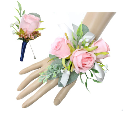 Elegant Soft Pink Wrist Corsage &amp; Boutonniere Set with Customizable Ribbon