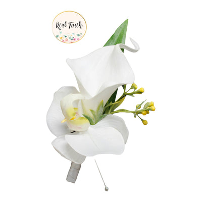 Real Touch Calla Lily &amp; Orchid Boutonniere with Pin