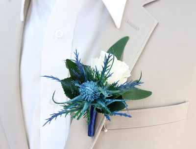 Elegant Faux Cream Rose and Blue Thistle Wrist Corsage &amp; Boutonniere Set - Customizable Ribbon and Rose Colors