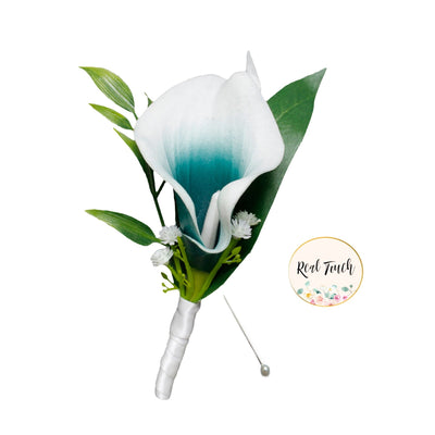 Handmade Real Touch Picasso Teal Calla Lily Boutonniere - Pin Included