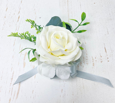 Elegant Rose &amp; Hydrangea Corsage and Boutonniere Set - Customizable Ribbon