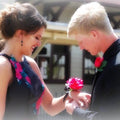 Elegant Hot Pink Silk Rose Wrist Corsage &amp; Boutonniere Set - Customizable Ribbon Colors