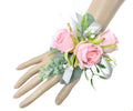 Elegant Soft Pink Wrist Corsage &amp; Boutonniere Set with Customizable Ribbon
