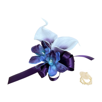 Elegant Coral Calla Lily &amp; Orchid Corsage/Boutonniere - Customizable Ribbon Color