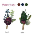 Boutonnieres - Artificial Ranunculus with Berry and Sedum Hops Greenery for Weddings &amp; Events in Burgundy &amp; Navy