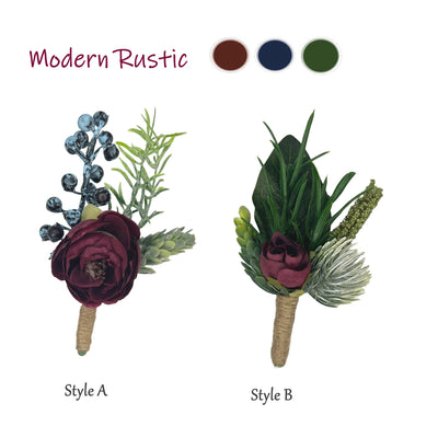Boutonnieres - Artificial Ranunculus with Berry and Sedum Hops Greenery for Weddings &amp; Events in Burgundy &amp; Navy
