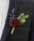 Boutonnieres - Artificial Ranunculus with Berry and Sedum Hops Greenery for Weddings &amp; Events in Burgundy &amp; Navy