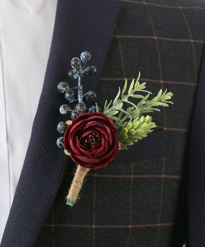 Boutonnieres - Artificial Ranunculus with Berry and Sedum Hops Greenery for Weddings &amp; Events in Burgundy &amp; Navy