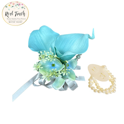 Elegant Real Touch Spa Blue Calla Lily Corsage &amp; Boutonniere Set