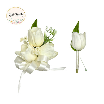 Elegant Ivory Faux Tulip Corsage &amp; Boutonniere Set for Weddings and Events