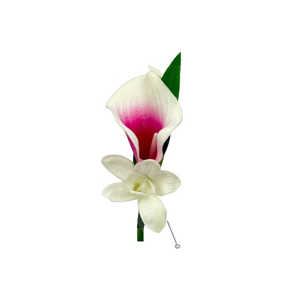 Elegant Tropical Event Boutonniere - Realistic Begonia, Calla Lily, Plumeria &amp; Orchid