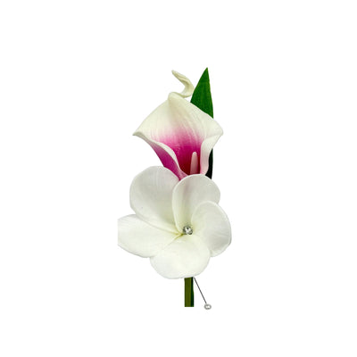 Elegant Tropical Event Boutonniere - Realistic Begonia, Calla Lily, Plumeria &amp; Orchid