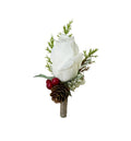 Realistic Christmas Red or Ivory Rose Boutonniere with Pine Cone &amp; Greenery