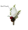 Realistic Christmas Red or Ivory Rose Boutonniere with Pine Cone &amp; Greenery