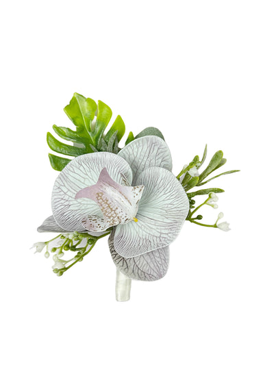 Elegant Grey Orchid Boutonniere with Frosted Greenery
