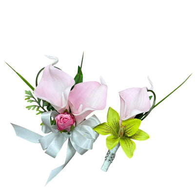 Elegant Blush and Green Corsage &amp; Boutonniere Set - Calla Lily &amp; Orchid