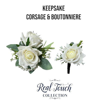 Premium Real Touch Rose Wrist Corsage &amp; Boutonniere with Frosty Greenery