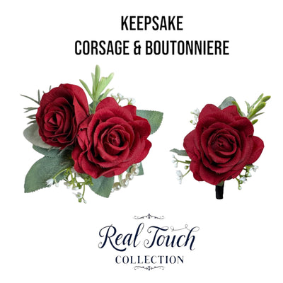 Elegant Real Touch Rose Wrist Corsage and Boutonniere with Frosty Greenery