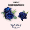 Exquisite Real Touch Rose Wrist Corsage &amp; Boutonniere Set – Frosty Greenery &amp; Royal Blue Hues