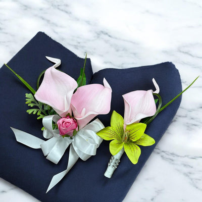 Elegant Blush and Green Corsage &amp; Boutonniere Set - Calla Lily &amp; Orchid